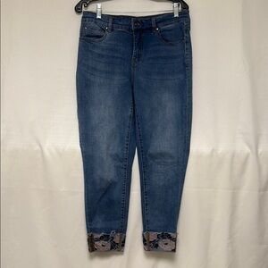 Tribal Blue Denim Women's Jeans with Floral Cuffs